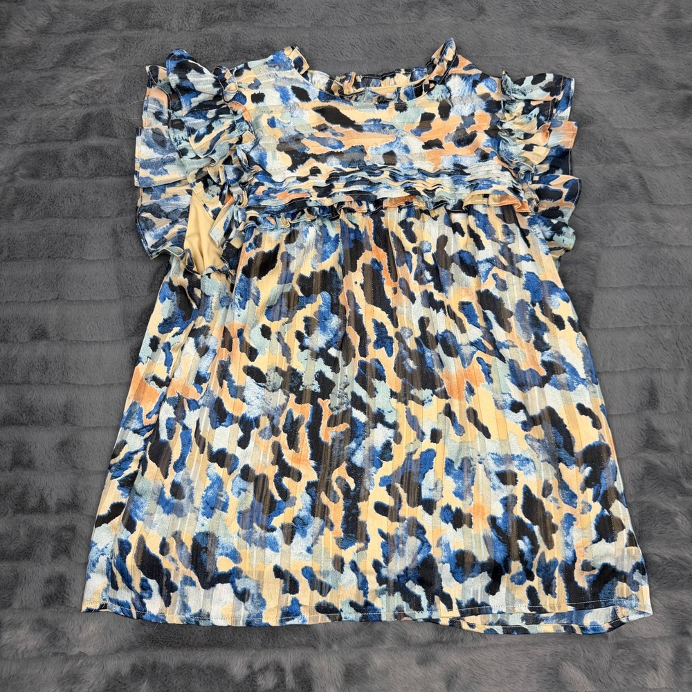 TCEC Blue Orange Abstract Leopard Pleated Ruffle Sleeve Blouse CT7585 Mens M
